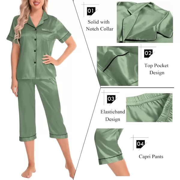 SWOMOG Satin Pajama Set Women Silk Pjs Set Short Sleeve 2 Piece Button Down Sleepwear Lounge SetsMatcha Green