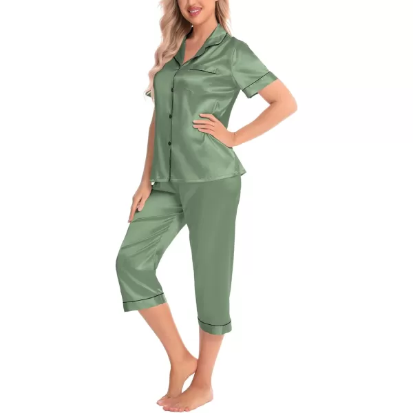 SWOMOG Satin Pajama Set Women Silk Pjs Set Short Sleeve 2 Piece Button Down Sleepwear Lounge SetsMatcha Green