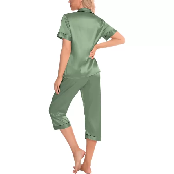 SWOMOG Satin Pajama Set Women Silk Pjs Set Short Sleeve 2 Piece Button Down Sleepwear Lounge SetsMatcha Green