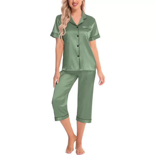 SWOMOG Satin Pajama Set Women Silk Pjs Set Short Sleeve 2 Piece Button Down Sleepwear Lounge SetsMatcha Green