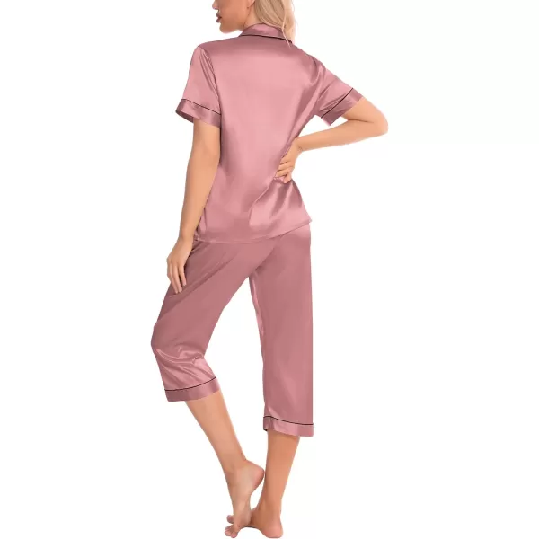 SWOMOG Satin Pajama Set Women Silk Pjs Set Short Sleeve 2 Piece Button Down Sleepwear Lounge SetsMisty Rose