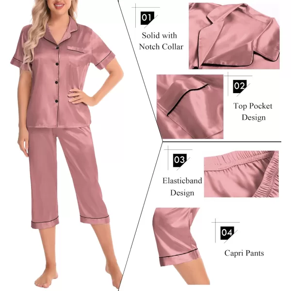 SWOMOG Satin Pajama Set Women Silk Pjs Set Short Sleeve 2 Piece Button Down Sleepwear Lounge SetsMisty Rose