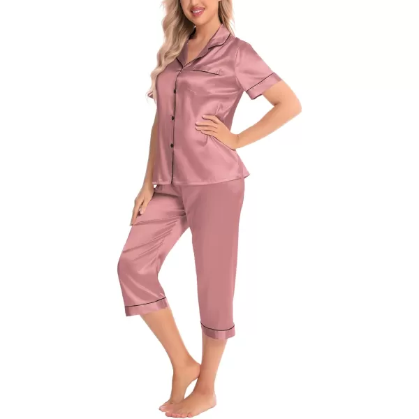 SWOMOG Satin Pajama Set Women Silk Pjs Set Short Sleeve 2 Piece Button Down Sleepwear Lounge SetsMisty Rose