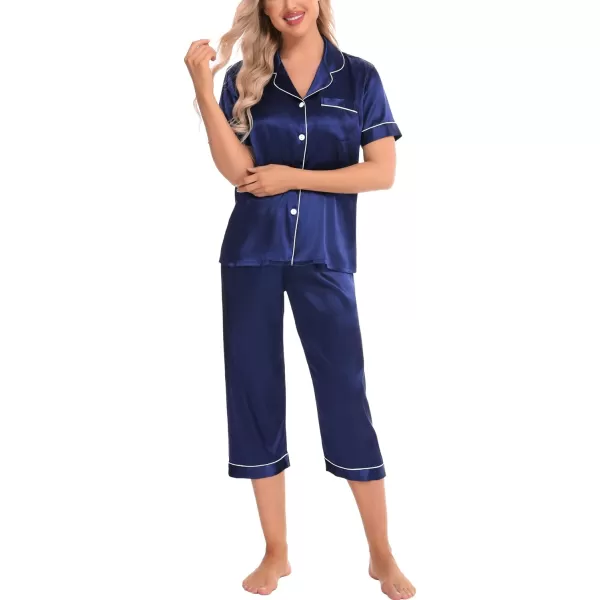 SWOMOG Satin Pajama Set Women Silk Pjs Set Short Sleeve 2 Piece Button Down Sleepwear Lounge SetsNavy Blue