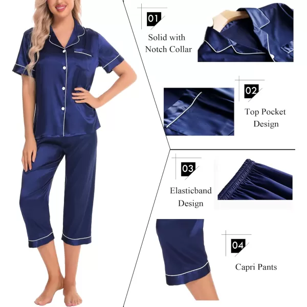 SWOMOG Satin Pajama Set Women Silk Pjs Set Short Sleeve 2 Piece Button Down Sleepwear Lounge SetsNavy Blue