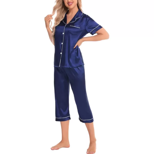 SWOMOG Satin Pajama Set Women Silk Pjs Set Short Sleeve 2 Piece Button Down Sleepwear Lounge SetsNavy Blue