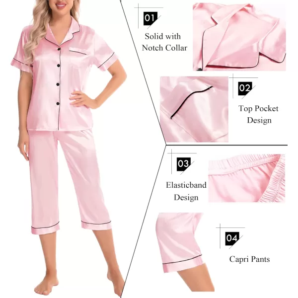 SWOMOG Satin Pajama Set Women Silk Pjs Set Short Sleeve 2 Piece Button Down Sleepwear Lounge SetsPink