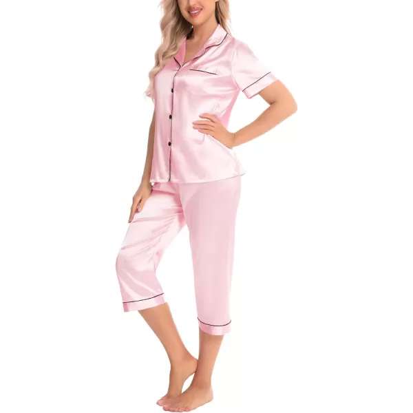 SWOMOG Satin Pajama Set Women Silk Pjs Set Short Sleeve 2 Piece Button Down Sleepwear Lounge SetsPink