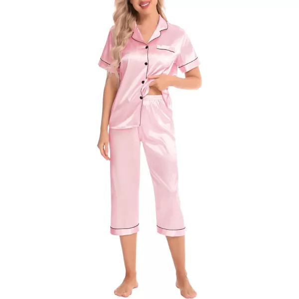 SWOMOG Satin Pajama Set Women Silk Pjs Set Short Sleeve 2 Piece Button Down Sleepwear Lounge SetsPink