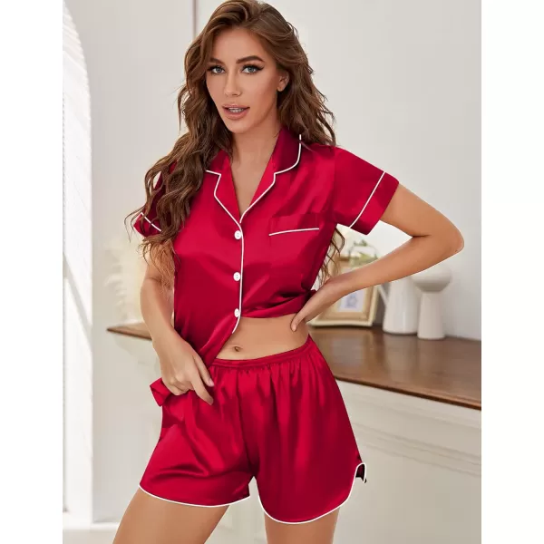 SWOMOG Satin Pajama Set Women Silk Pjs Set Short Sleeve 2 Piece Button Down Sleepwear Lounge SetsRed