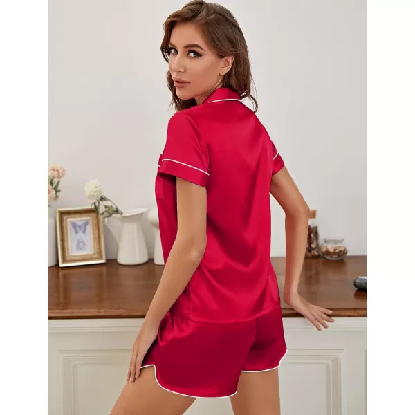 SWOMOG Satin Pajama Set Women Silk Pjs Set Short Sleeve 2 Piece Button Down Sleepwear Lounge SetsRed