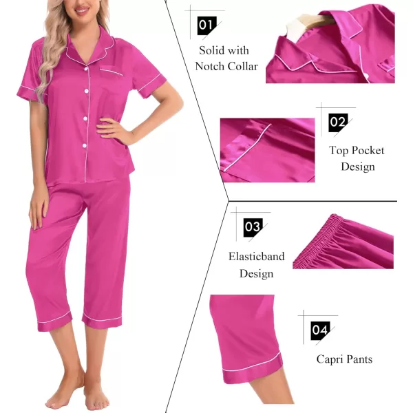 SWOMOG Satin Pajama Set Women Silk Pjs Set Short Sleeve 2 Piece Button Down Sleepwear Lounge SetsRose Red