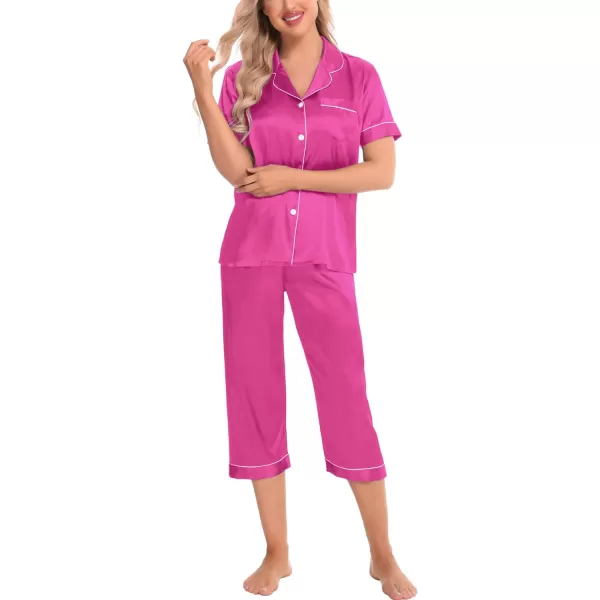 SWOMOG Satin Pajama Set Women Silk Pjs Set Short Sleeve 2 Piece Button Down Sleepwear Lounge SetsRose Red