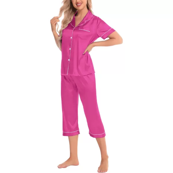 SWOMOG Satin Pajama Set Women Silk Pjs Set Short Sleeve 2 Piece Button Down Sleepwear Lounge SetsRose Red