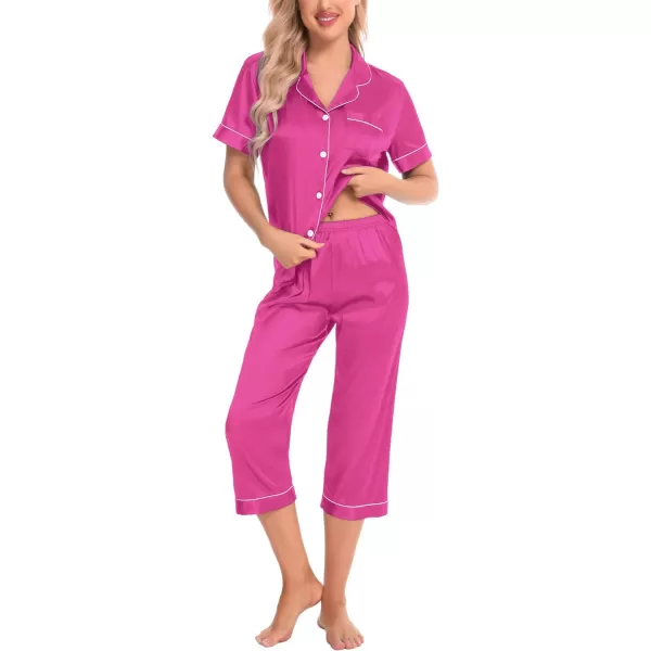 SWOMOG Satin Pajama Set Women Silk Pjs Set Short Sleeve 2 Piece Button Down Sleepwear Lounge SetsRose Red