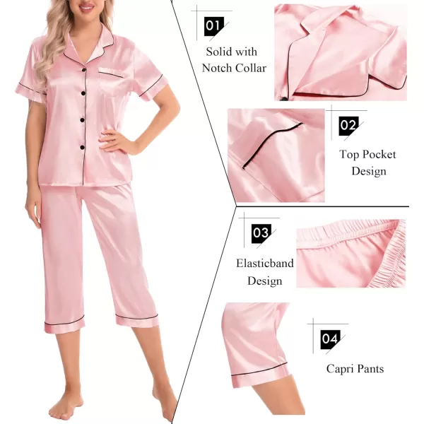 SWOMOG Satin Pajama Set Women Silk Pjs Set Short Sleeve 2 Piece Button Down Sleepwear Lounge SetsSakura Pink