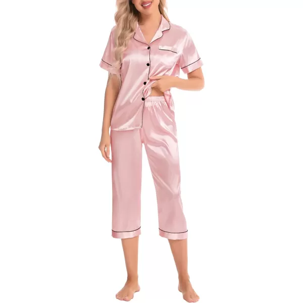 SWOMOG Satin Pajama Set Women Silk Pjs Set Short Sleeve 2 Piece Button Down Sleepwear Lounge SetsSakura Pink