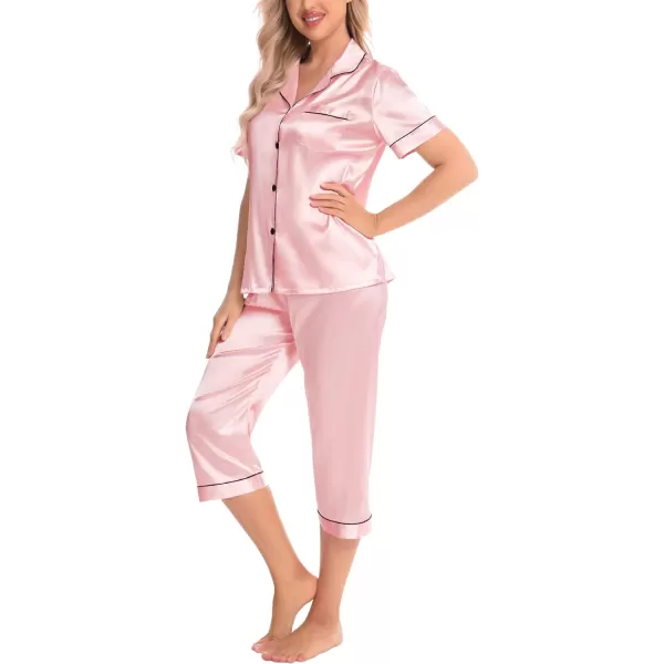 SWOMOG Satin Pajama Set Women Silk Pjs Set Short Sleeve 2 Piece Button Down Sleepwear Lounge SetsSakura Pink