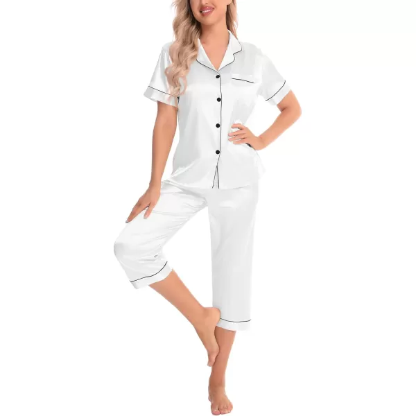 SWOMOG Satin Pajama Set Women Silk Pjs Set Short Sleeve 2 Piece Button Down Sleepwear Lounge SetsWhite