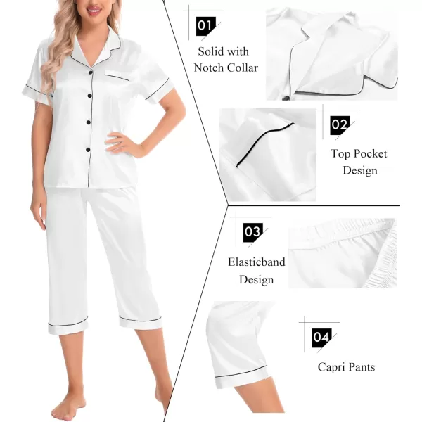 SWOMOG Satin Pajama Set Women Silk Pjs Set Short Sleeve 2 Piece Button Down Sleepwear Lounge SetsWhite