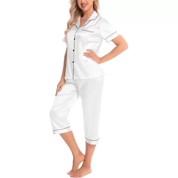 SWOMOG Satin Pajama Set Women Silk Pjs Set Short Sleeve 2 Piece Button Down Sleepwear Lounge SetsWhite