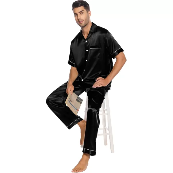 SWOMOG Silk Satin Pajama for Men Soft Button Down Sleepwear 2 Piece Pj Set Short Sleeve Nightwear with Long PantsBlack