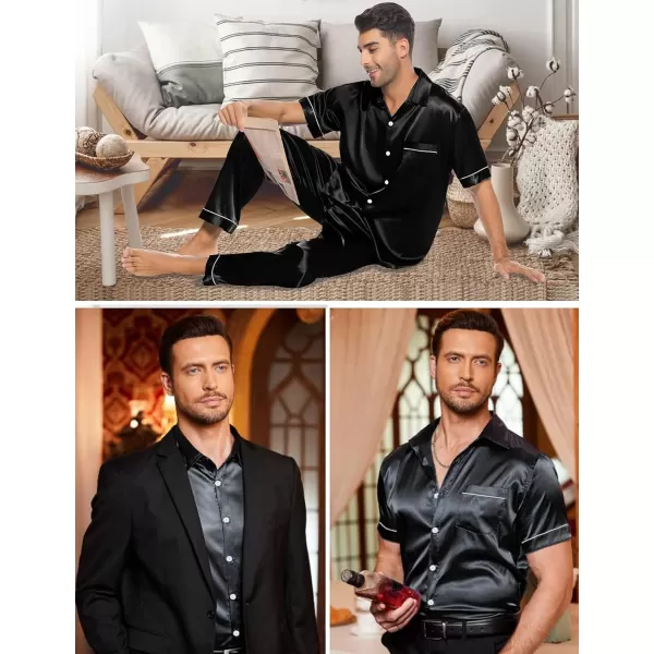 SWOMOG Silk Satin Pajama for Men Soft Button Down Sleepwear 2 Piece Pj Set Short Sleeve Nightwear with Long PantsBlack