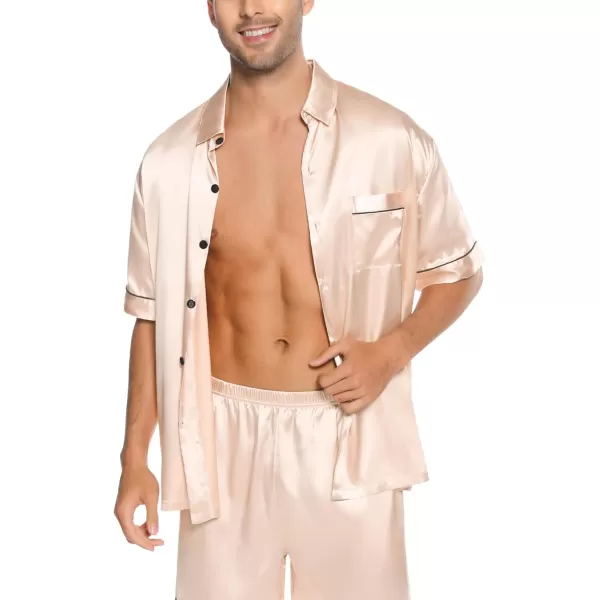 SWOMOG Silk Satin Pajama for Men Soft Button Down Sleepwear 2 Piece Pj Set Short Sleeve Nightwear with Long PantsChampagne