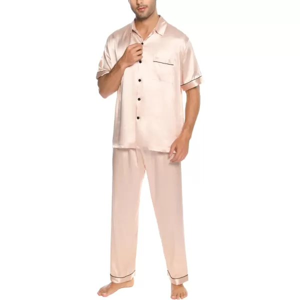 SWOMOG Silk Satin Pajama for Men Soft Button Down Sleepwear 2 Piece Pj Set Short Sleeve Nightwear with Long PantsChampagne