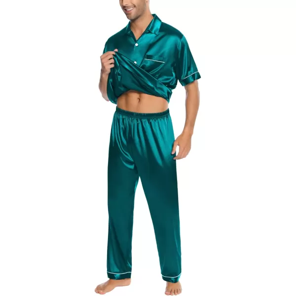 SWOMOG Silk Satin Pajama for Men Soft Button Down Sleepwear 2 Piece Pj Set Short Sleeve Nightwear with Long PantsDeep Green