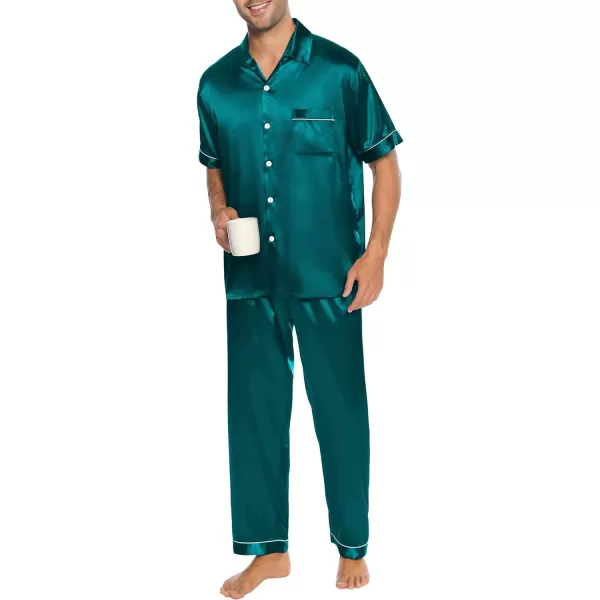 SWOMOG Silk Satin Pajama for Men Soft Button Down Sleepwear 2 Piece Pj Set Short Sleeve Nightwear with Long PantsDeep Green