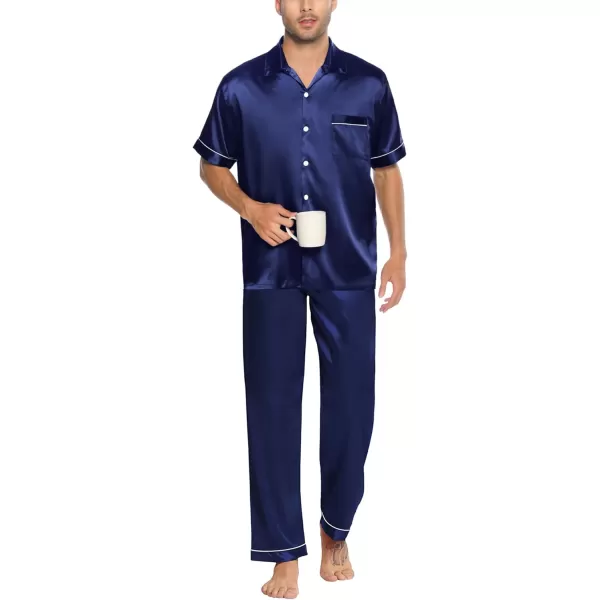 SWOMOG Silk Satin Pajama for Men Soft Button Down Sleepwear 2 Piece Pj Set Short Sleeve Nightwear with Long PantsDeep Navy Blue