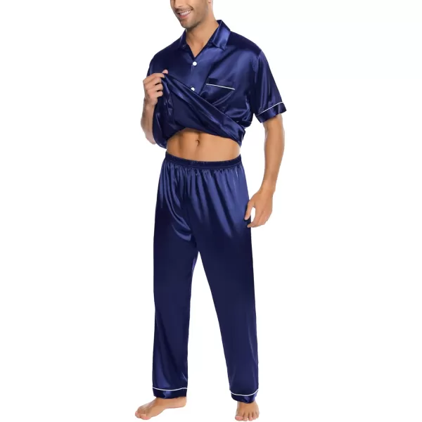 SWOMOG Silk Satin Pajama for Men Soft Button Down Sleepwear 2 Piece Pj Set Short Sleeve Nightwear with Long PantsDeep Navy Blue