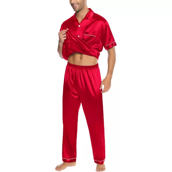 SWOMOG Silk Satin Pajama for Men Soft Button Down Sleepwear 2 Piece Pj Set Short Sleeve Nightwear with Long PantsRed