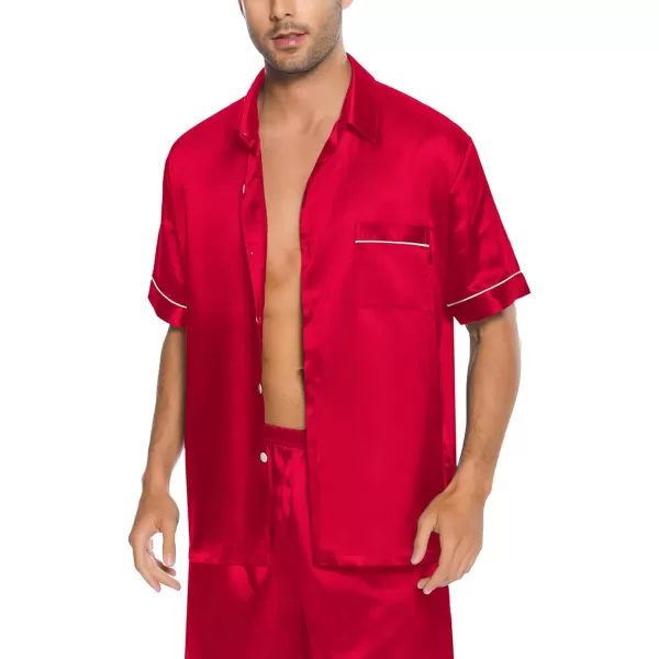 SWOMOG Silk Satin Pajama for Men Soft Button Down Sleepwear 2 Piece Pj Set Short Sleeve Nightwear with Long PantsRed