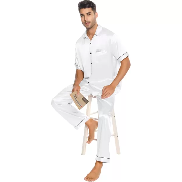 SWOMOG Silk Satin Pajama for Men Soft Button Down Sleepwear 2 Piece Pj Set Short Sleeve Nightwear with Long PantsWhite