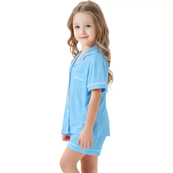 SWOMOG Unisex Girls Boys Modal Pajamas Set ButtonDown PJs Short Sleeve Sleepwear TwoPiece Lounge SetsLight Blue