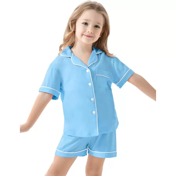 SWOMOG Unisex Girls Boys Modal Pajamas Set ButtonDown PJs Short Sleeve Sleepwear TwoPiece Lounge SetsLight Blue