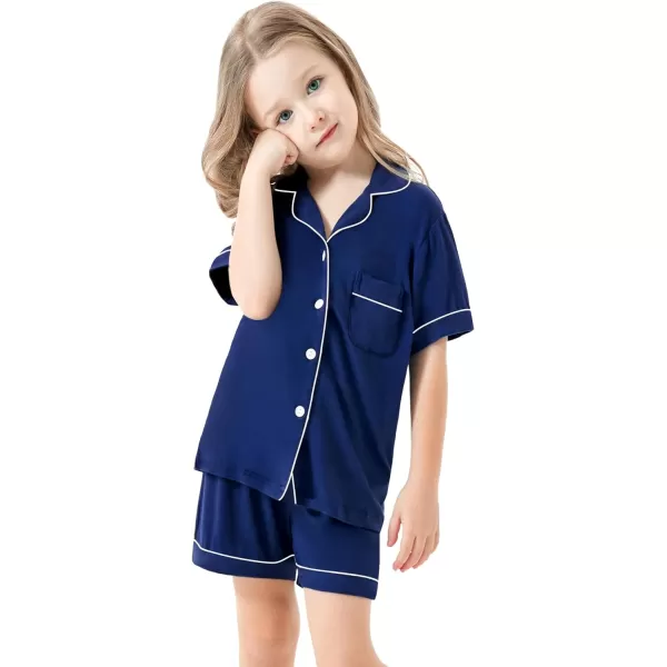 SWOMOG Unisex Girls Boys Modal Pajamas Set ButtonDown PJs Short Sleeve Sleepwear TwoPiece Lounge SetsNavy