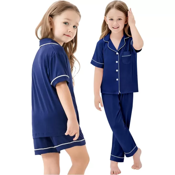 SWOMOG Unisex Kids 3pcs Pajama Set Soft Modal Button Down Sleepwear for Boys Girls Lounge SetsNavy Blue