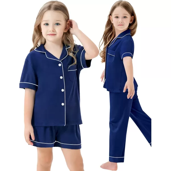 SWOMOG Unisex Kids 3pcs Pajama Set Soft Modal Button Down Sleepwear for Boys Girls Lounge SetsNavy Blue