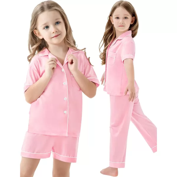 SWOMOG Unisex Kids 3pcs Pajama Set Soft Modal Button Down Sleepwear for Boys Girls Lounge SetsPink