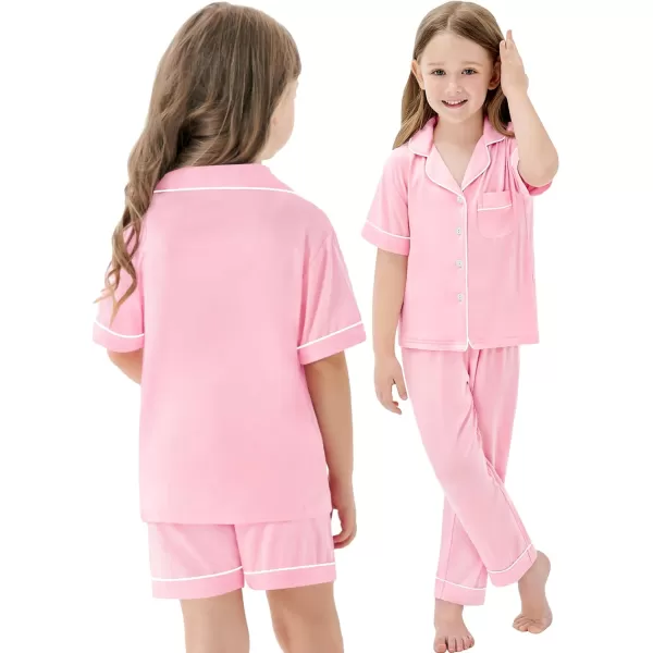 SWOMOG Unisex Kids 3pcs Pajama Set Soft Modal Button Down Sleepwear for Boys Girls Lounge SetsPink