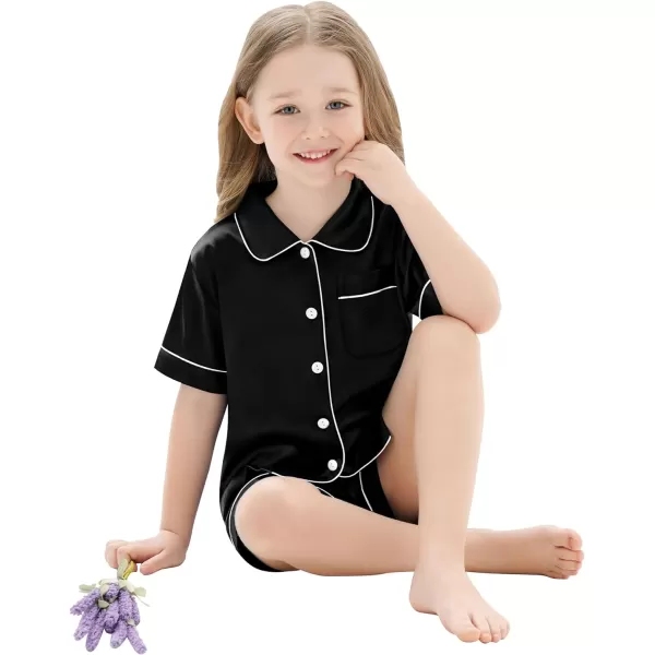 SWOMOG Unisex Kids Silk Satin Pajamas Sets Girls Boys Pjs Set ButtonDown Sleepwear Short Sleeve Nightwear 2 Piece Lounge SetBlack