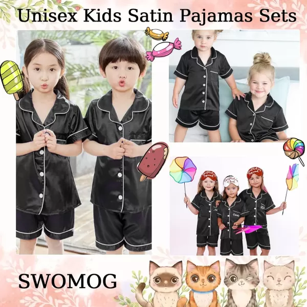 SWOMOG Unisex Kids Silk Satin Pajamas Sets Girls Boys Pjs Set ButtonDown Sleepwear Short Sleeve Nightwear 2 Piece Lounge SetBlack