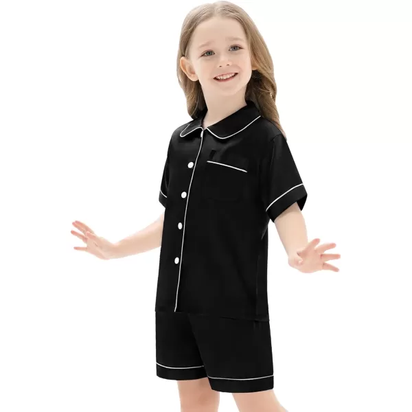 SWOMOG Unisex Kids Silk Satin Pajamas Sets Girls Boys Pjs Set ButtonDown Sleepwear Short Sleeve Nightwear 2 Piece Lounge SetBlack