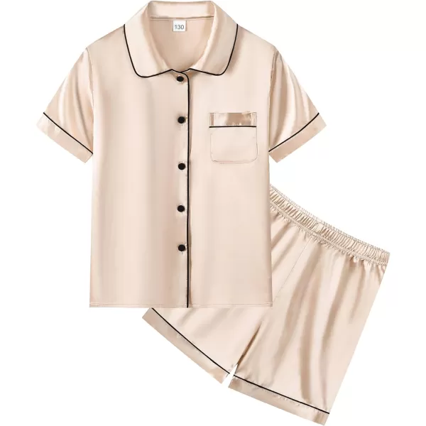 SWOMOG Unisex Kids Silk Satin Pajamas Sets Girls Boys Pjs Set ButtonDown Sleepwear Short Sleeve Nightwear 2 Piece Lounge SetChampagne