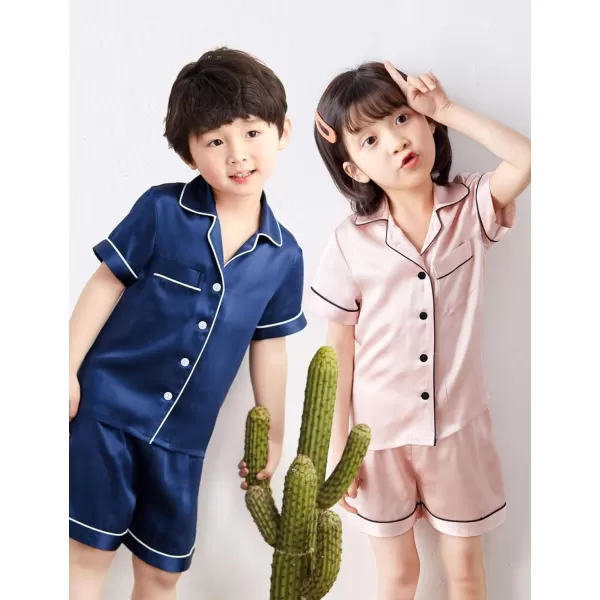 SWOMOG Unisex Kids Silk Satin Pajamas Sets Girls Boys Pjs Set ButtonDown Sleepwear Short Sleeve Nightwear 2 Piece Lounge SetChampagne