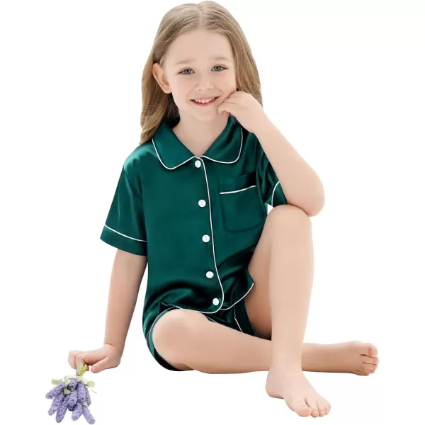 SWOMOG Unisex Kids Silk Satin Pajamas Sets Girls Boys Pjs Set ButtonDown Sleepwear Short Sleeve Nightwear 2 Piece Lounge SetDeep Green