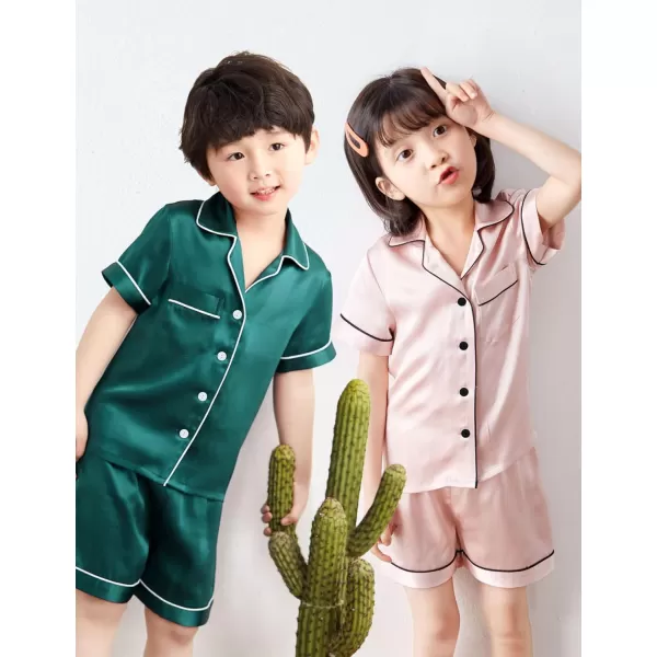 SWOMOG Unisex Kids Silk Satin Pajamas Sets Girls Boys Pjs Set ButtonDown Sleepwear Short Sleeve Nightwear 2 Piece Lounge SetDeep Green